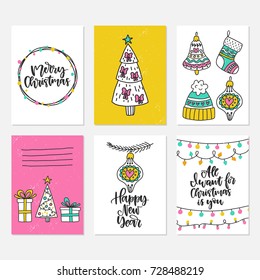 Vector set of hand drawn of greeting cards. Great print for invitations, posters, tags. Merry Christmas. Happy new year