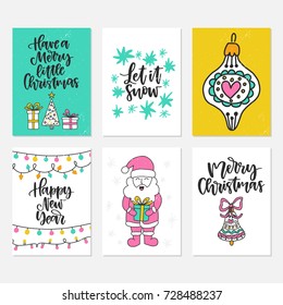 Vector set of hand drawn of greeting cards. Great print for invitations, posters, tags. Merry Christmas. Happy new year. Let it snow