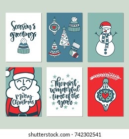 Vector set of hand drawn of greeting cards. Great print for invitations, posters, tags. Merry Christmas. Season's greetings.