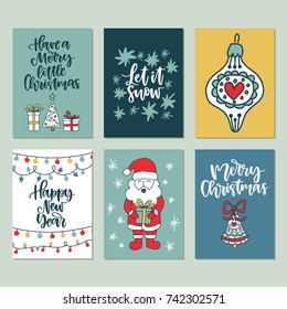 Vector set of hand drawn of greeting cards. Great print for invitations, posters, tags. Merry Christmas. Happy new year. Let it snow