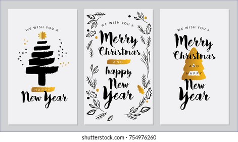 Vector set of hand drawn of greeting cards. Great print for invitations, posters, tags. Merry Christmas.Happy New Year. Happy holidays. Festive banners in flat cartoon style, vintage colors