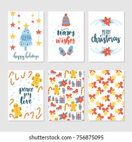 Vector set of hand drawn greeting cards. Great print for invitations, posters, tags. Merry Christmas. Peace Joy Love. Happy holidays. Festive banners in flat cartoon style