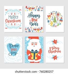 Vector set of hand drawn greeting cards. Great print for invitations, posters, tags. Festive banners in flat cartoon style. Merry Christmas. Peace Love Joy