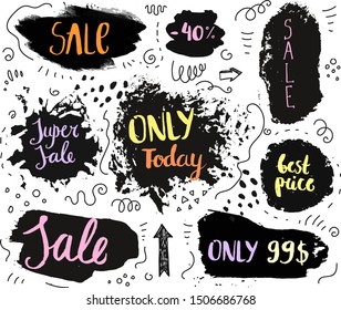 Vector set of hand drawn grunge sale banners, doodle brush lettering promotion banners, tags