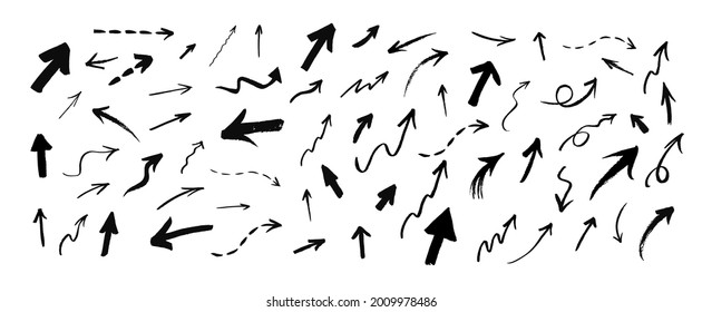 Vector set of hand drawn grunge arrows and cursors isolated on white background.