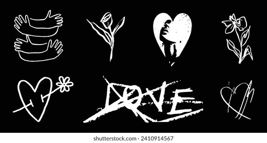 Vector set of hand drawn grunge illustrations for decoration, tattoo, Valentine's Day and many more.