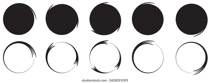 Vector set of hand drawn grunge frames. Blank brush paint ink in circles frame illustration.