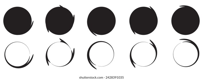 Vector set of hand drawn grungy frames. Blank grunge brush paint ink in circles frame illustration.