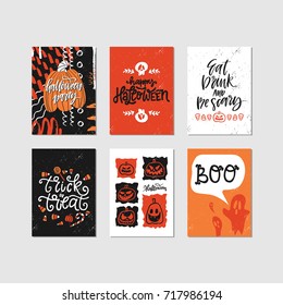 Vector set of hand drawn  Halloween greeting cards with lettering. Holiday banners, party invitations