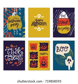 Vector set of hand drawn Halloween greeting cards with lettering. Holiday banners, party invitations,tags,posters