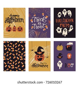 Vector set of hand drawn Halloween greeting cards with lettering. Holiday banners, party invitations,tags,posters