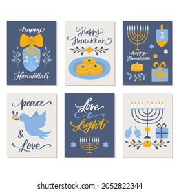 Vector set of hand drawn Hanukkah greeting cards. Great print for posters, invitations, holiday cards. Happy Hanukkah. Love and light. Calligraphy banners in vintage colors