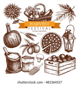 Vector set of hand drawn harvest illustration. Vintage collection of autumn sketch on white background. Traditional fall festival decoration elements.