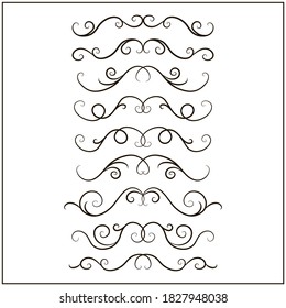 Vector set of hand drawn headers, for texts and pages' decoration. Decorative swirl dividers, calligraphic tendril