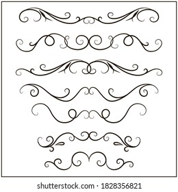 Vector set of hand drawn headers, for texts and pages' decoration. Decorative swirl dividers, calligraphic tendril