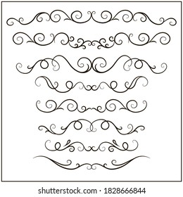 Vector set of hand drawn headers, for texts and pages' decoration. Decorative swirl dividers, calligraphic tendril