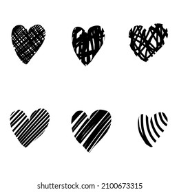 Vector set of hand drawn heart isolated on white background. Line graphic hearts