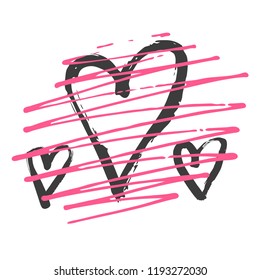 Vector set of hand drawn hearts. Decor for Valentine's day card, pattern, poster, label, sticker, postcard and print. Painted design elements and love symbols. Isolated, clip art. Brush, ink.