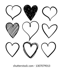 Vector set of hand drawn hearts on a white background.