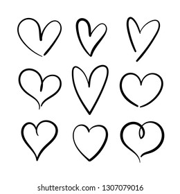 Vector set of hand drawn hearts on a white background.