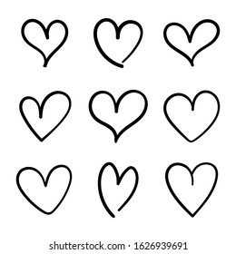 Vector set of hand drawn hearts on a white background.