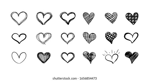 Vector set of hand drawn hearts isolated on white background, black scribble lines, drawings collection.