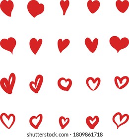 Un conjunto vectorial de corazones dibujados por la mano. Color rojo