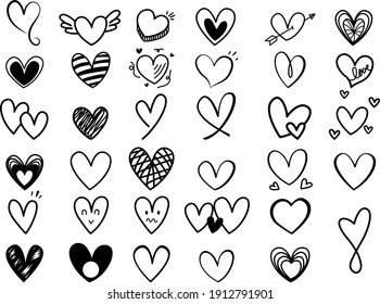 Vector set hand drawn hearts  isolated, Simple flat design heart with cute.