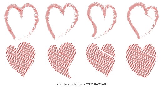 Un vector de corazones dibujados a mano. Iconos de corazón rojo sobre fondo blanco.