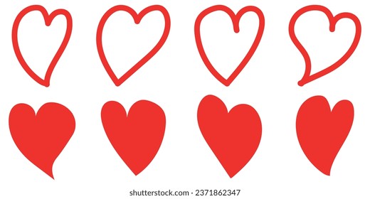 Vector set of hand drawn hearts. Red heart icons set on white background.