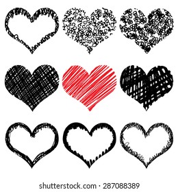 Vector set of Hand drawn hearts. Red and black color