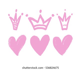 Vector set of hand drawn hearts and crowns.