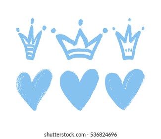 Vector set of hand drawn hearts and crowns.