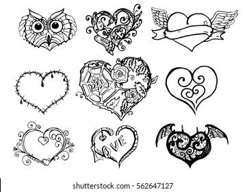 Vector set of hand drawn hearts on a white background. Handmade. Valentine's day, mother's day, women's day.