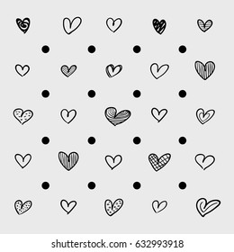 Vector set of hand drawn hearts and dots