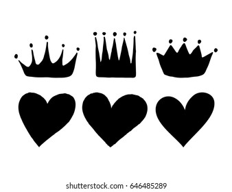 Vector set of hand drawn hearts and crowns.