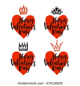 Vector set of hand drawn hearts and crowns.
Happy Valentine's Day lettering.