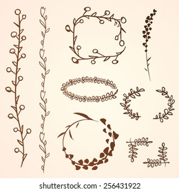 Vector set of hand drawn herbal and floral elements. Flowering borders and dividers.