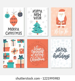 Vector set of hand drawn holiday greeting cards. Great print for invitations, posters, tags. Festive banners in flat cartoon style, vintage colors. Merry Christmas. Happy New Year