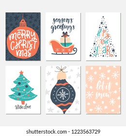 Vector set of hand drawn holiday greeting cards. Great print for invitations, posters, tags. Festive banners in flat cartoon style, vintage colors. Merry Christmas. Season's greetings. Happy New Year