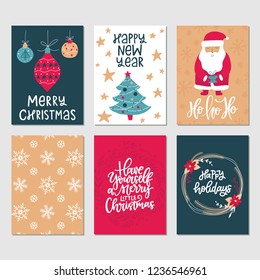Vector set of hand drawn holiday greeting cards. Great print for invitations, posters, tags. Festive banners in flat cartoon style, vintage colors. Merry Christmas. Happy New Year