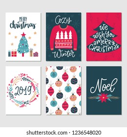 Vector set of hand drawn holiday greeting cards. Great prints for invitations, posters, tags. Festive banners in flat cartoon style, vintage colors. Cozy Winter. Merry Christmas