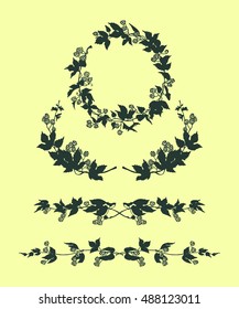 Vector set of hand drawn hop wreath, laurel and borders. Graceful garland of hop branch with leaves and cones. Romantic floral design elements. 