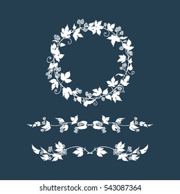 Vector set of hand drawn hop wreath and borders. Graceful garland of hop branch with leaves and cones. Romantic floral design elements.