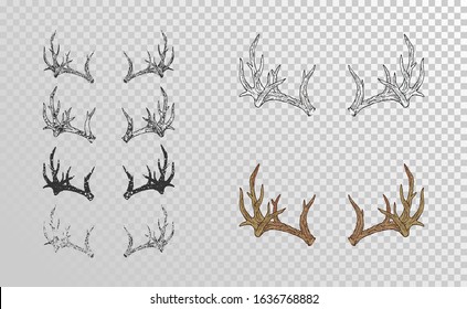 Vector set of hand drawn horns deer with grunge elements in different versions on a transparent background. Monochrome and color variation. For you design, tattoo or magic craft.