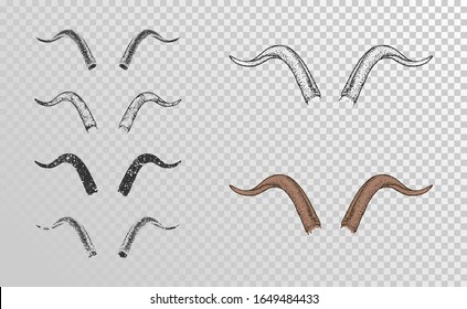 Vector set of hand drawn horns goat with grunge elements in different versions on a transparent background. Monochrome and color variation. For you design, tattoo or magic craft.