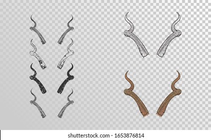 Vektorillustration-Set von handgezeichneten Hörnern mit farbigen Elementen in verschiedenen Ausführungen auf transparentem Hintergrund. Monochrome und Farbvarianten. Für Sie Design, Tätowierung oder Zauberkunst.