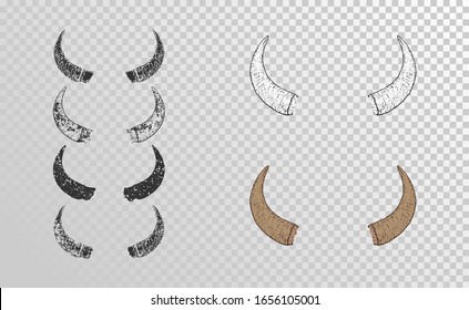 Vector set of hand drawn horns bull with grunge elements in different versions on a transparent background. Monochrome and color variation. For you design, tattoo or magic craft.