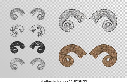 Vector set of hand drawn horns ram with grunge elements in different versions on a transparent background. Monochrome and color variation. For you design, tattoo or magic craft.