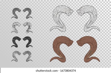 Vector set of hand drawn horns ram with grunge elements in different versions on a transparent background. Monochrome and color variation. For you design, tattoo or magic craft.